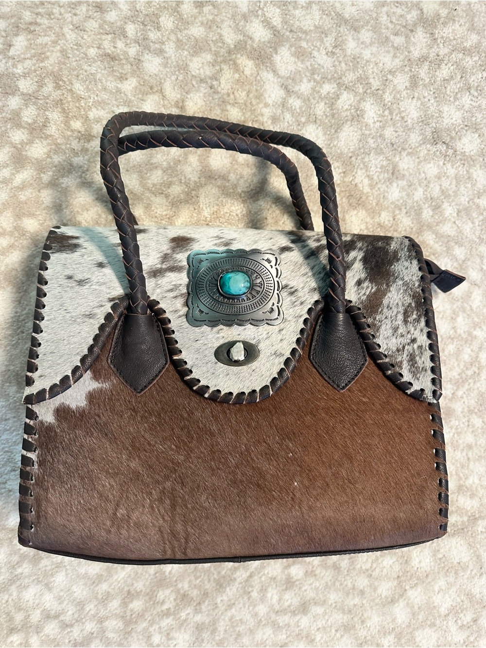 Brown and White Haircalf Satchel with Turquoise Concho by Ranch Dressn